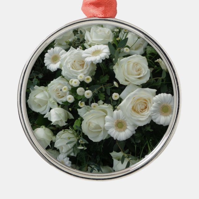 White Flowers Bouquet Metal Ornament (Front)