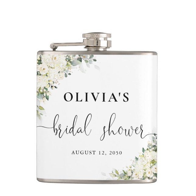 White Flowers Bridal Shower Flask (Front)