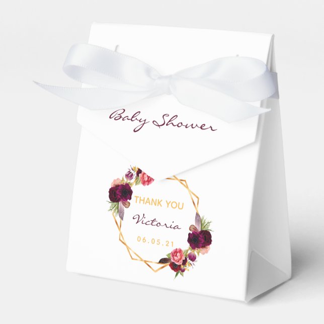 White flowers burgundy baby shower favour box (Front Side)