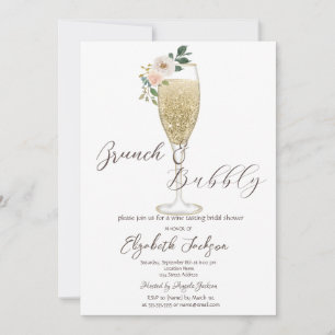 White Flowers Champagne Glass Brunch & Bubbly  Invitation
