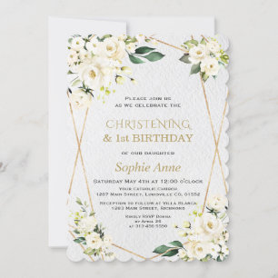 White Flowers Christening 1st Birthday Party  Invitation