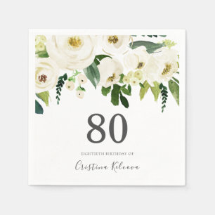 White Flowers & Cream Elegant 80th Birthday Napkin