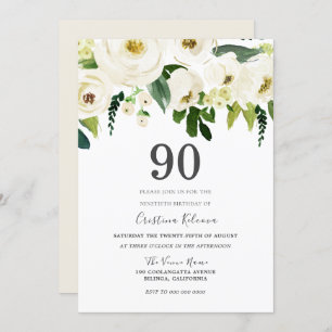 White Flowers & Cream Elegant 90th Birthday Party Invitation