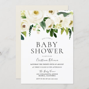 White Flowers & Cream Elegant Baby Shower Invitation