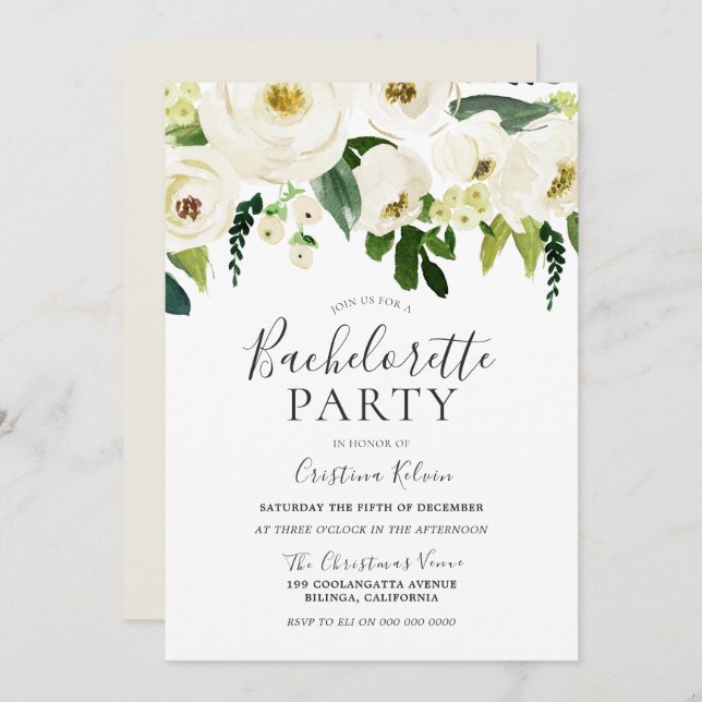 White Flowers & Cream Elegant Bachelorette Party Invitation (Front/Back)