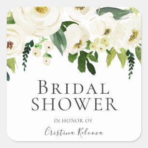 White Flowers & Cream Elegant Bridal Shower Square Sticker