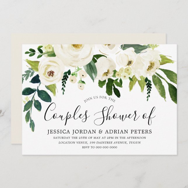 White Flowers & Cream Elegant Couples Shower Invitation (Front/Back)