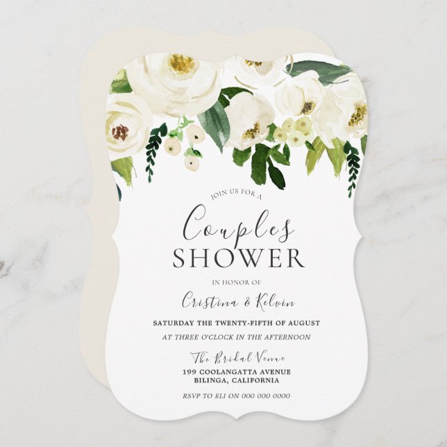 White Flowers & Cream Elegant Couples Shower Invitation (Front/Back)
