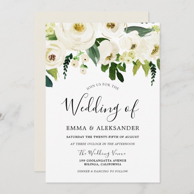 White Flowers & Cream Elegant Wedding Invitation (Front/Back)