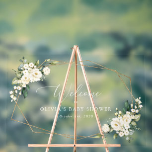 White Flowers, Cream Flowers, Baby Shower Welcome Acrylic Sign