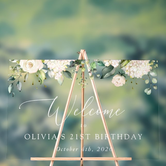 White Flowers, Cream Flowers, Birthday Welcome Acrylic Sign (Neutral)