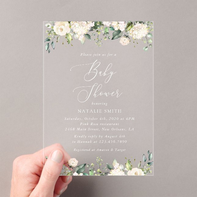 White Flowers, Cream Flowers, Boho, Baby Shower Acrylic Invitations (Insitu (Handheld))