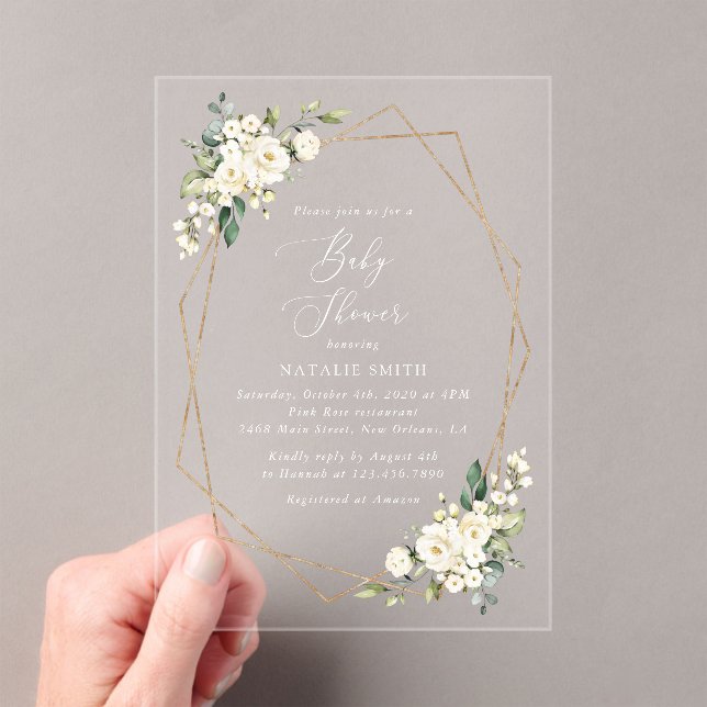 White Flowers, Cream Flowers, Boho, Baby Shower Acrylic Invitations (Insitu (Handheld))