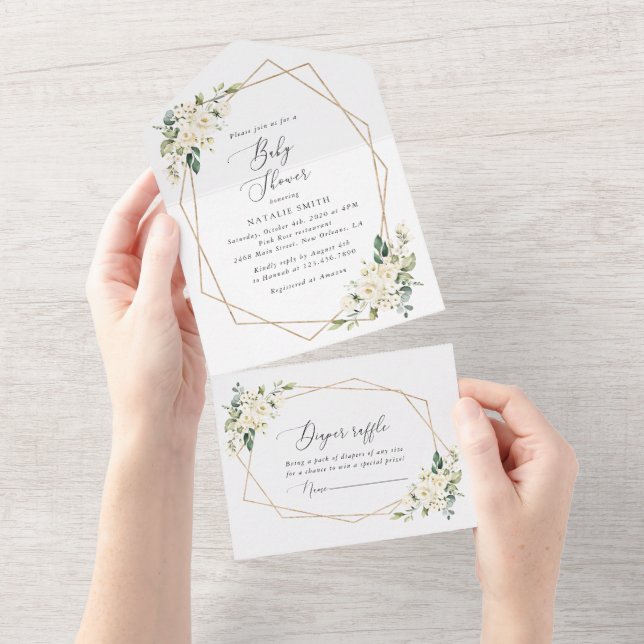 White Flowers, Cream Flowers, Boho, Baby Shower All In One Invitation (Tearaway)