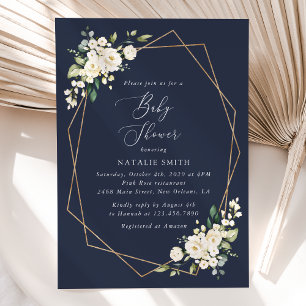 White Flowers, Cream Flowers, Boho, Baby Shower Invitation