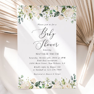 White Flowers, Cream Flowers, Boho, Baby Shower Invitation
