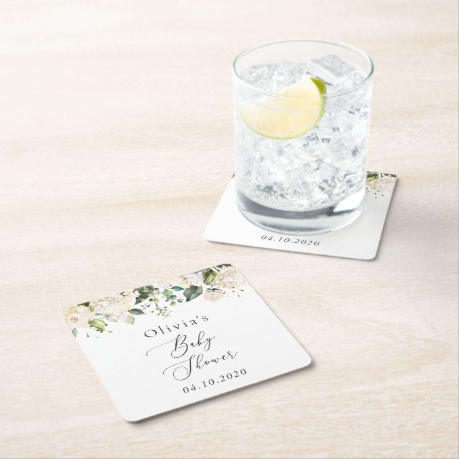 White Flowers, Cream Flowers, Boho, Baby Shower Square Paper Coaster (Insitu)