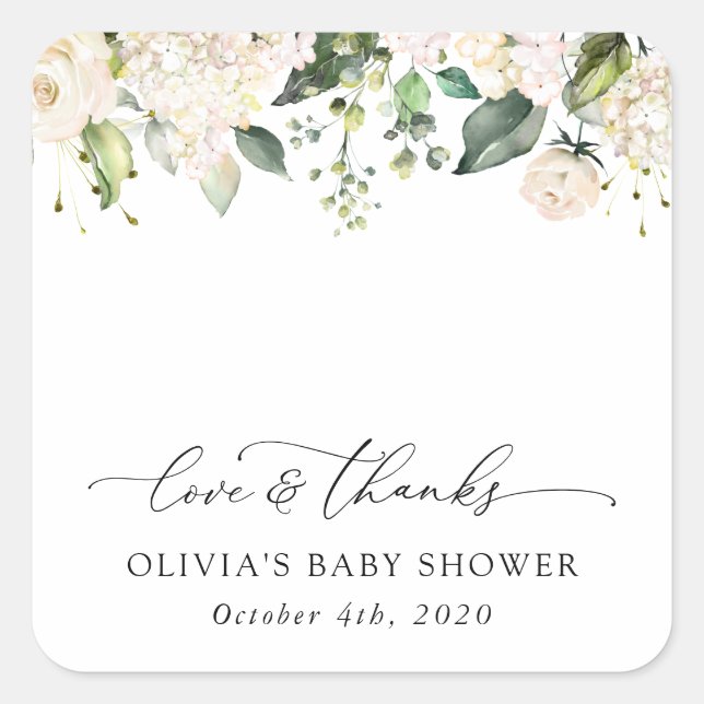 White Flowers, Cream Flowers, Boho, Baby Shower Square Sticker (Front)