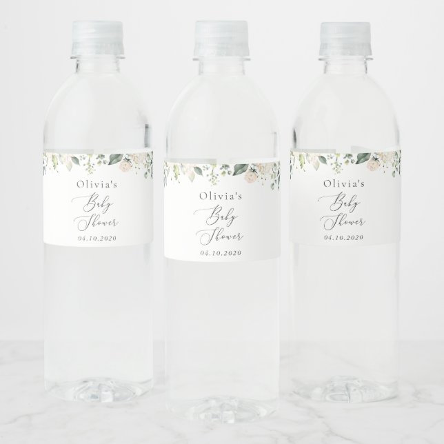 White Flowers, Cream Flowers, Boho, Baby Shower Water Bottle Label (Bottles)