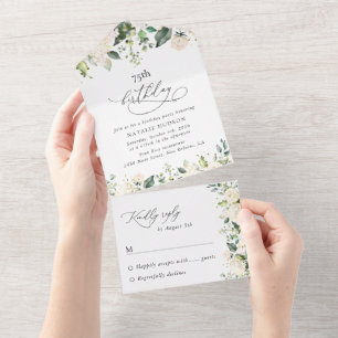White Flowers, Cream Flowers, Boho, Birthday All In One Invitation
