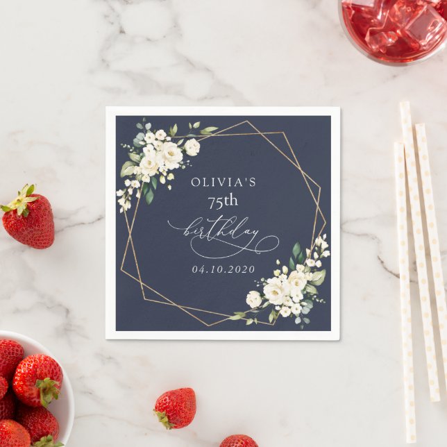 White Flowers, Cream Flowers, Boho, Birthday Napkin (Insitu)