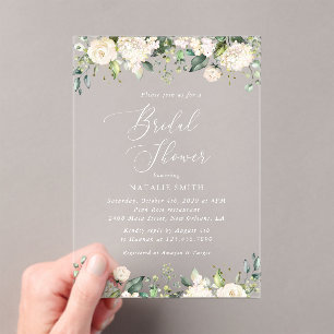 White Flowers, Cream Flowers, Boho, Bridal Shower Acrylic Invitations