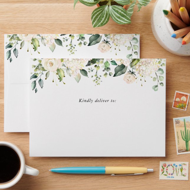 White Flowers, Cream Flowers, Boho, Bridal Shower Envelope (Desk)