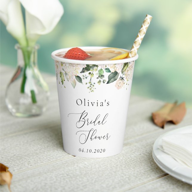 White Flowers, Cream Flowers, Boho, Bridal Shower Paper Cups (Insitu)