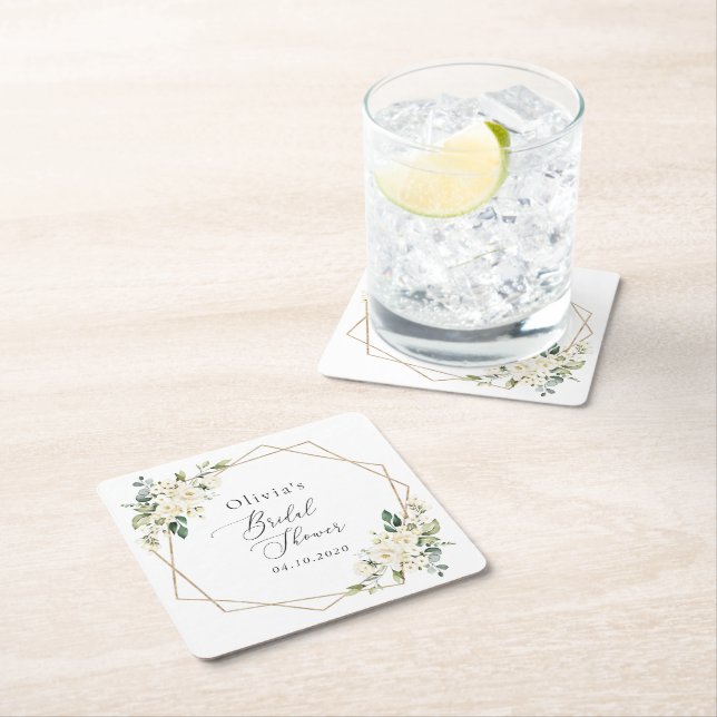 White Flowers, Cream Flowers, Boho, Bridal Shower Square Paper Coaster (Insitu)