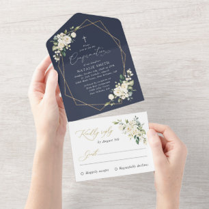 White Flowers, Cream Flowers, Boho, Confirmation All In One Invitation