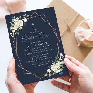 White Flowers, Cream Flowers, Boho, Confirmation Invitation