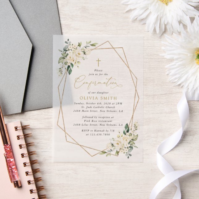 White Flowers, Cream Flowers, Boho, Confirmation Vellum Invitations (Wedding)