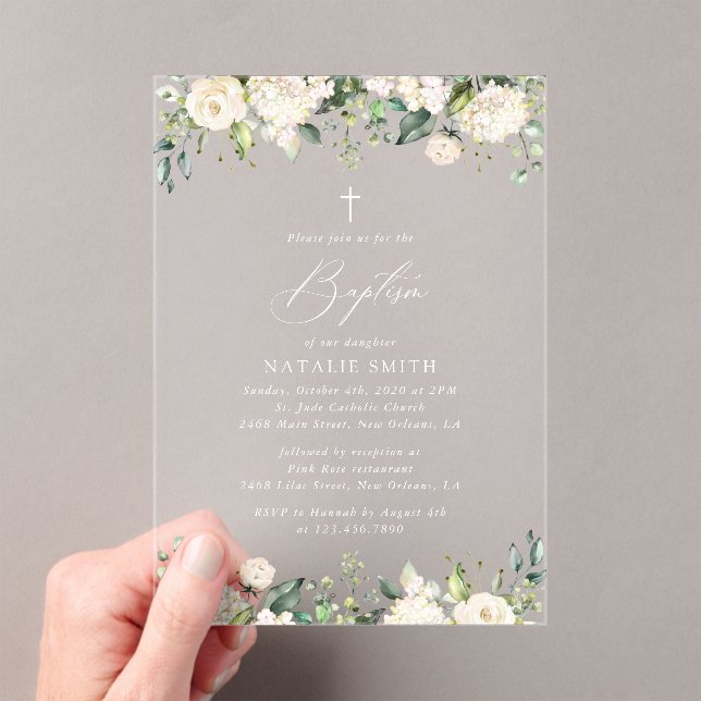 White Flowers, Cream Flowers, Boho, Floral Baptism Acrylic Invitations (Insitu (Handheld))
