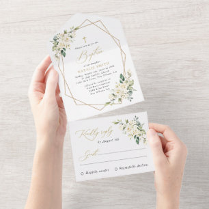 White Flowers, Cream Flowers, Boho, Floral Baptism All In One Invitation
