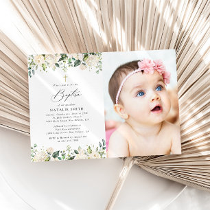 White Flowers, Cream Flowers, Boho, Floral Baptism Invitation