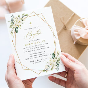 White Flowers, Cream Flowers, Boho, Floral Baptism Invitation