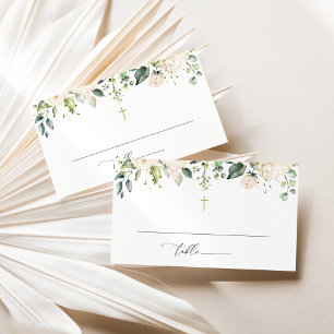 White Flowers, Cream Flowers, Boho, Floral Baptism Place Card