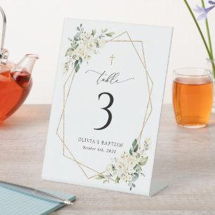 White Flowers, Cream Flowers, Boho, Table Numbers Pedestal Sign