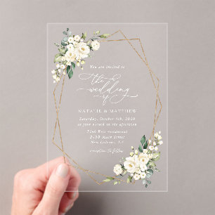 White Flowers, Cream Flowers, Greenery, Wedding Acrylic Invitations