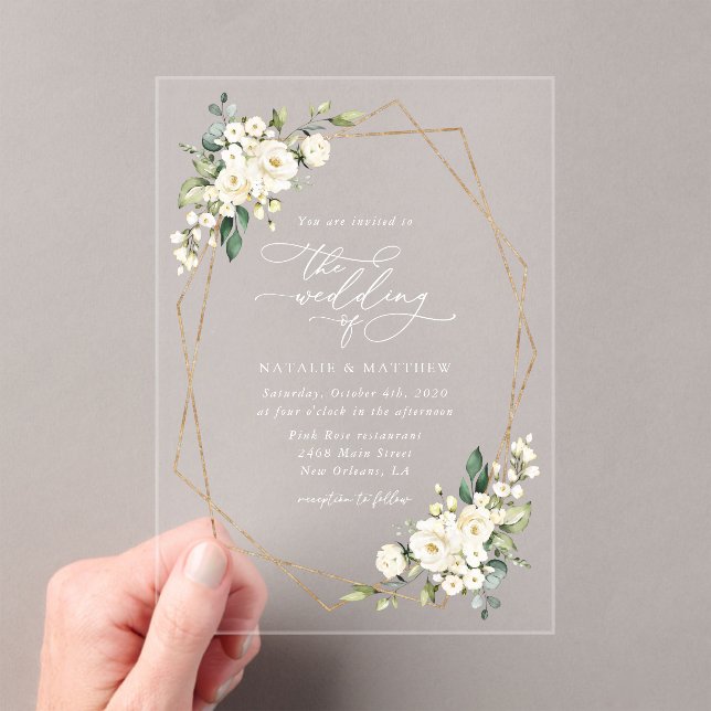 White Flowers, Cream Flowers, Greenery, Wedding Acrylic Invitations (Insitu (Handheld))
