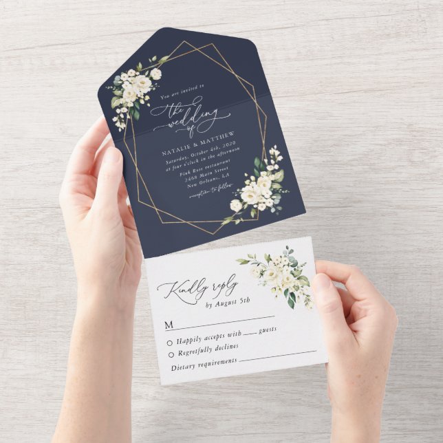 White Flowers, Cream Flowers, Greenery, Wedding All In One Invitation (Tearaway)