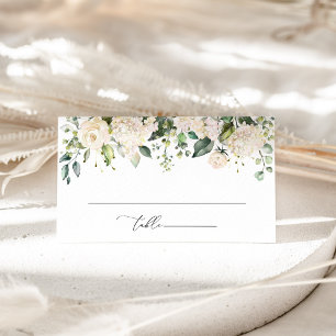 White Flowers, Cream Flowers, Greenery, Wedding Place Card
