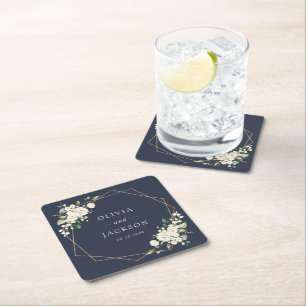 White Flowers, Cream Flowers, Greenery, Wedding Square Paper Coaster