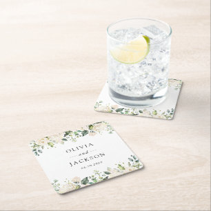 White Flowers, Cream Flowers, Greenery, Wedding  Square Paper Coaster