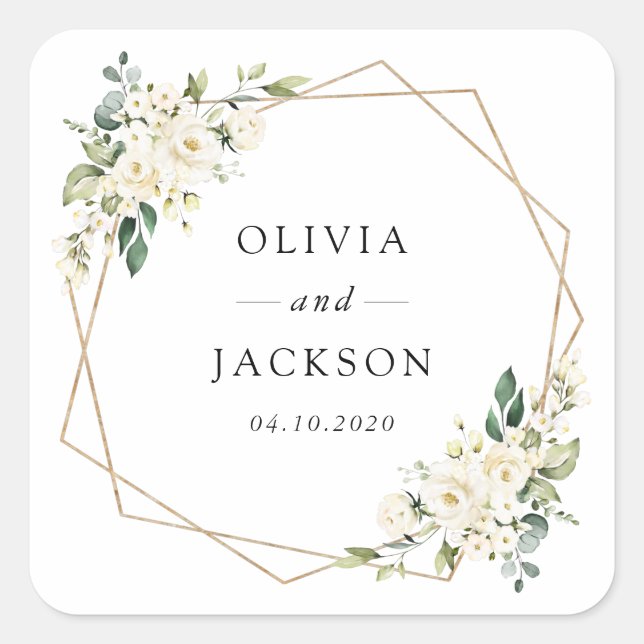 White Flowers, Cream Flowers, Greenery, Wedding Square Sticker (Front)