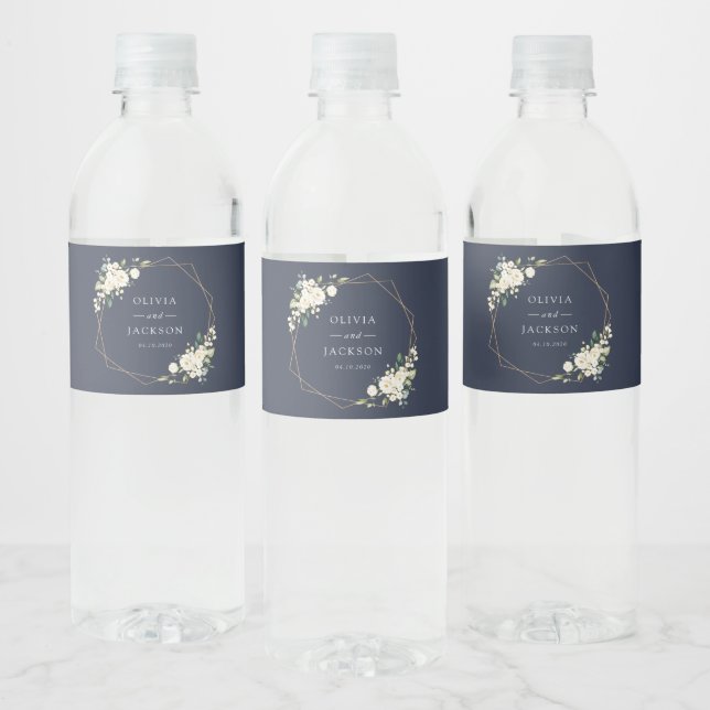 White Flowers, Cream Flowers, Greenery, Wedding Water Bottle Label (Bottles)