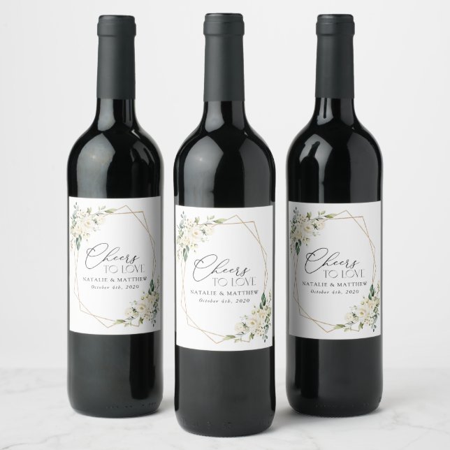White Flowers, Cream Flowers, Greenery, Wedding Wine Label (Bottles)