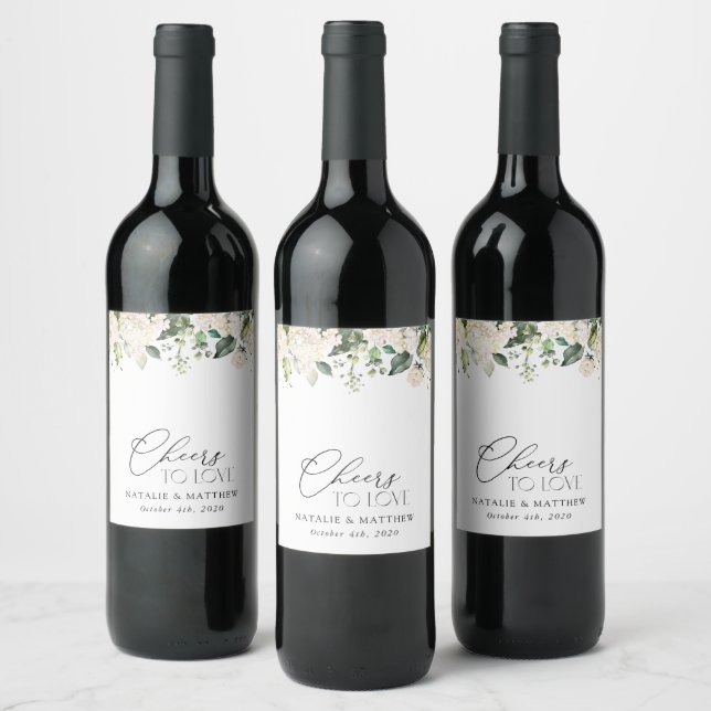 White Flowers, Cream Flowers, Greenery, Wedding  Wine Label (Bottles)
