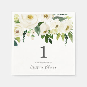 White Flowers & Cream Girls 1st Birthday Party Napkin