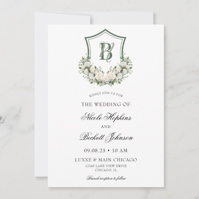 White Flowers Crest Wedding Invitation (Front)